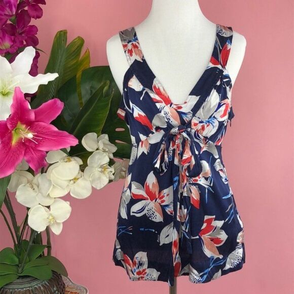 Guess Jeans Silk Navy Tropical Orchid Floral 4th of July Top - Picture 1 of 8